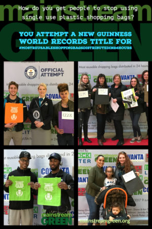 Shoppers rock the red carpet with roomy reusable shopping bags given out by Mainstream Green Inc. at its Guinness World Records title attempt #MostReusableShoppingBagsDistributedIn24Hours, Syracuse, NY