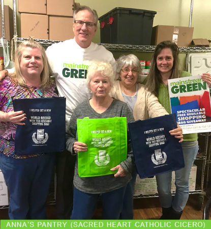Mainstream Green Board Member Steven Williams with reusable bags for food pantry in Cicero, NY