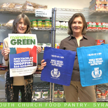 Patrons of Syracuse's Plymouth Church Food Pantry received donations of reusable shopping bags from Mainstream Green